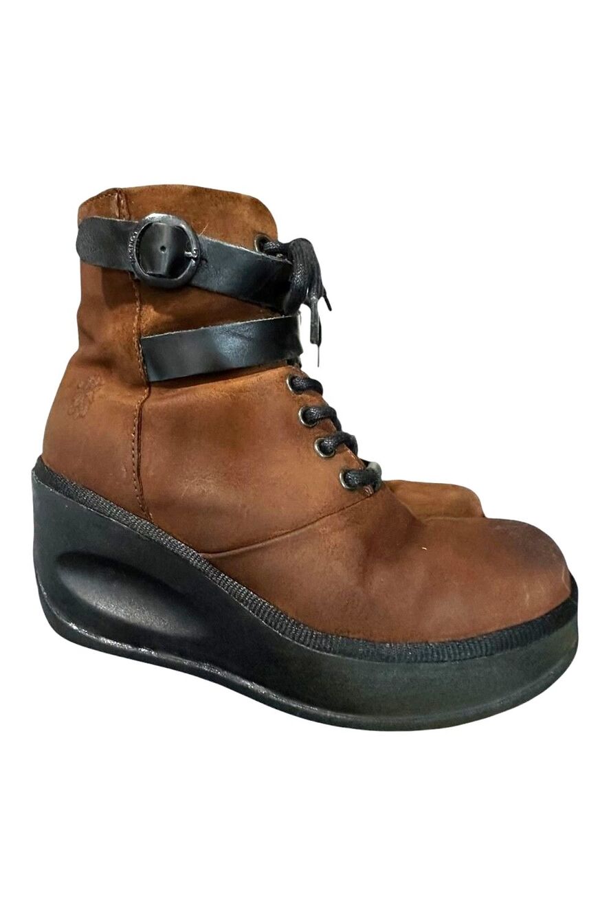 Fly London JABI070Fly Brown Leather Wedge Boots Side Zip EUR 38 US 7.5 Buckle - Picture 2 of 10